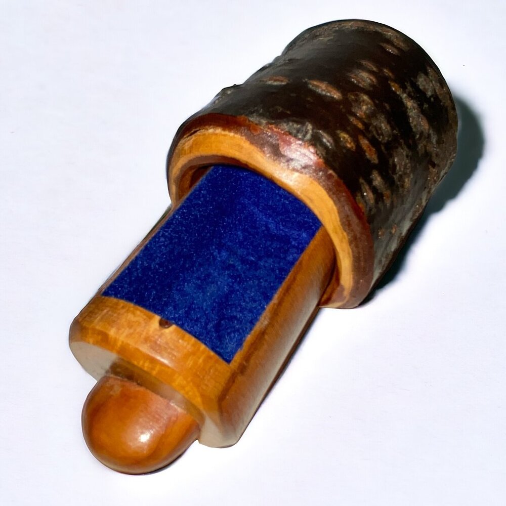 Small Wooden Log Trinket Box Treasure Secret Drawer Blue Velvet Vintage Signed